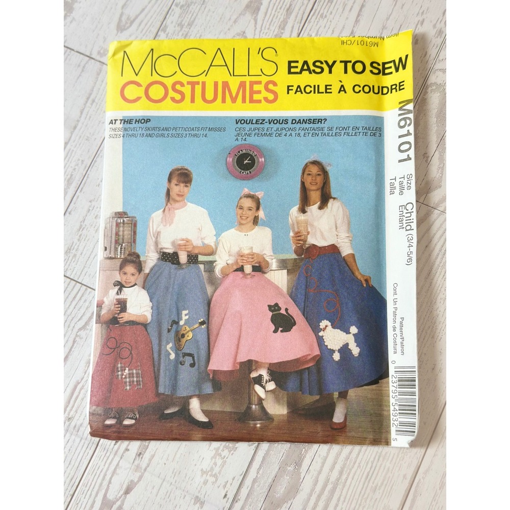 McCalls M6101 Sewing Pattern Child Misses XS-L Poodle Skirt Retro Costume